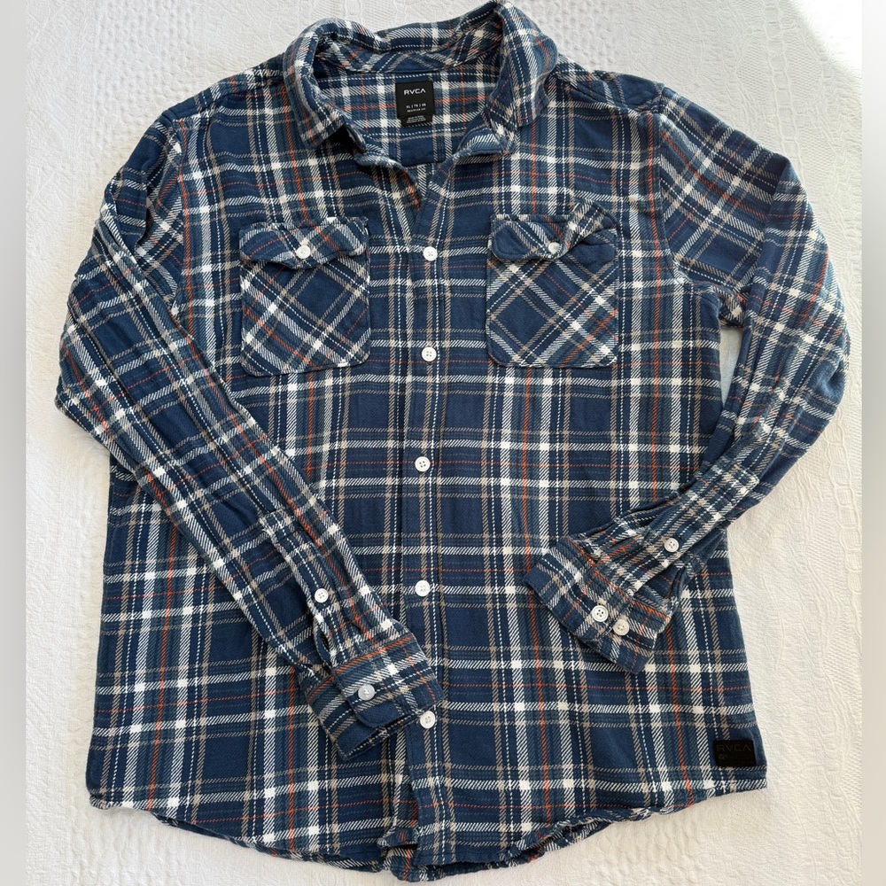 RVCA Flannel Button Up Blue Plaid Shirt Men’s Size XL